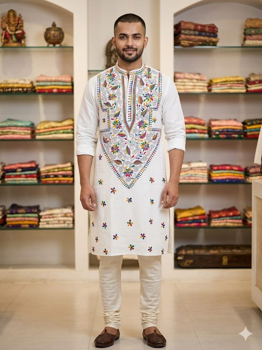 Kantha Stitch Handwork   Men's Punjabi on Pure Cotton Fabric