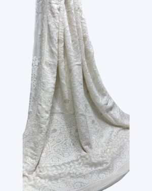 Women Lucknowi Chikankari Handwork Saree with Blouse Piece | Pure Chanderi Silk | White Tone-on-Tone Embroidery | Elegant Festive Party Wear Saree