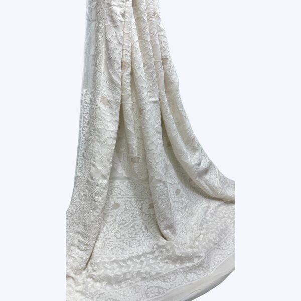 Women Lucknowi Chikankari Handwork Saree with Blouse Piece | Pure Chanderi Silk | White Tone-on-Tone Embroidery | Elegant Festive Party Wear Saree