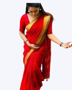 Luxury Pure Linen Saree 120 Count | Minimal Zari Border | Soft & Breathable Fabric | Contrast Blouse | Elegant Daily & Festive Wear